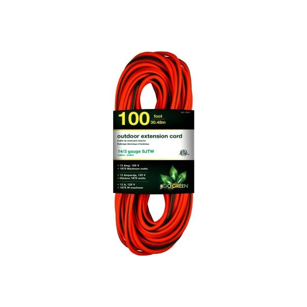 Gogreen SJTW Extension Cord, 14 AWG, Outdoor, 14/3, 1 Outlets, Green/Orange, 100 ft GG-13800 - main